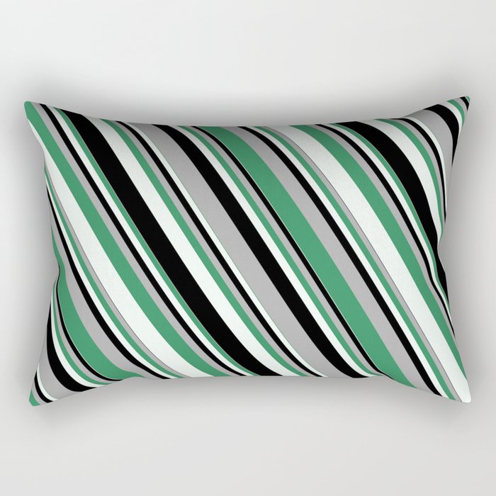 Dark Gray, Sea Green, Mint Cream, and Black Colored Stripes/Lines Pattern Rectangular Pillow