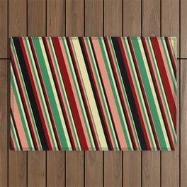 [ Thumbnail: Vibrant Pale Goldenrod, Sea Green, Dark Salmon, Maroon, and Black Colored Striped Pattern Outdoor Rug ]