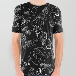 Black and White Toys Outline Pattern All Over Graphic Tee