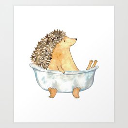 Hedgehog taking bath watercolor  Art Print