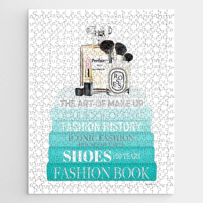 Teal fashion books with perfume bottle and make up brushes by Amanda Greenwood Jigsaw Puzzle