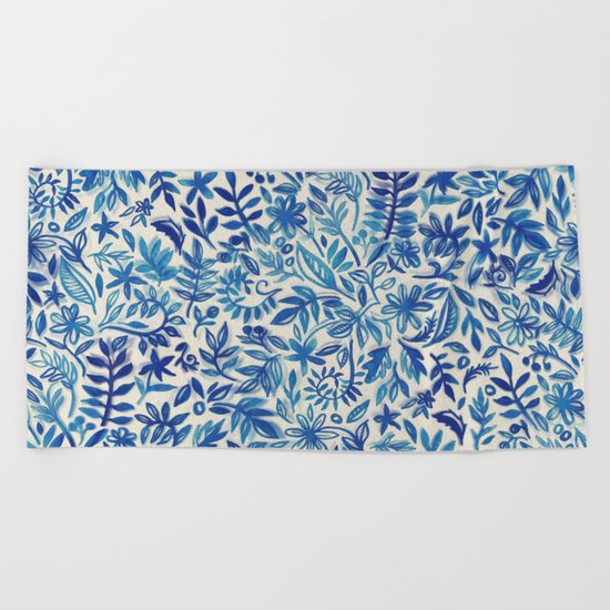 Floating Garden - a watercolor pattern in blue Beach Towel