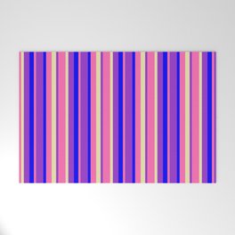 [ Thumbnail: Hot Pink, Pale Goldenrod, Dark Orchid & Blue Colored Stripes Pattern Welcome Mat ]