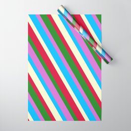 [ Thumbnail: Orchid, Deep Sky Blue, Light Yellow, Crimson, and Forest Green Colored Pattern of Stripes Wrapping Paper ]