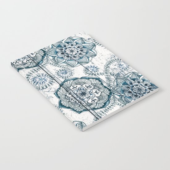 Navy Blue Floral Doodles on Wood Notebook