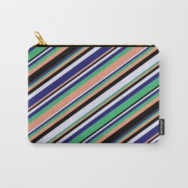 [ Thumbnail: Eyecatching Sea Green, Dark Salmon, Black, Lavender & Midnight Blue Colored Lines/Stripes Pattern Carry-All Pouch ]