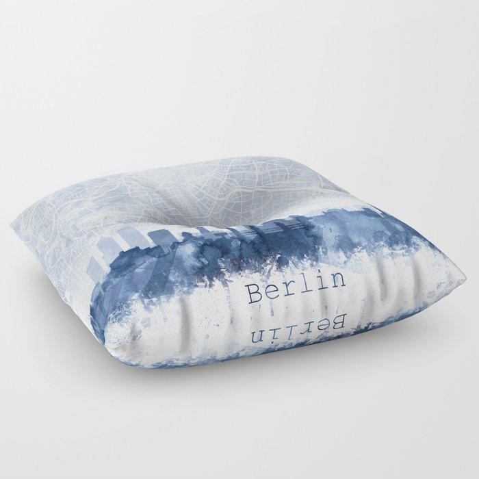 Berlin Skyline & Map Watercolor Navy Blue, Print by Zouzounio Art Floor Pillow