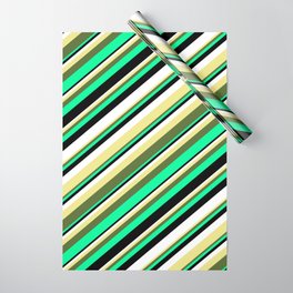 [ Thumbnail: Eyecatching Tan, Dark Olive Green, Green, Black, and White Colored Lines/Stripes Pattern Wrapping Paper ]