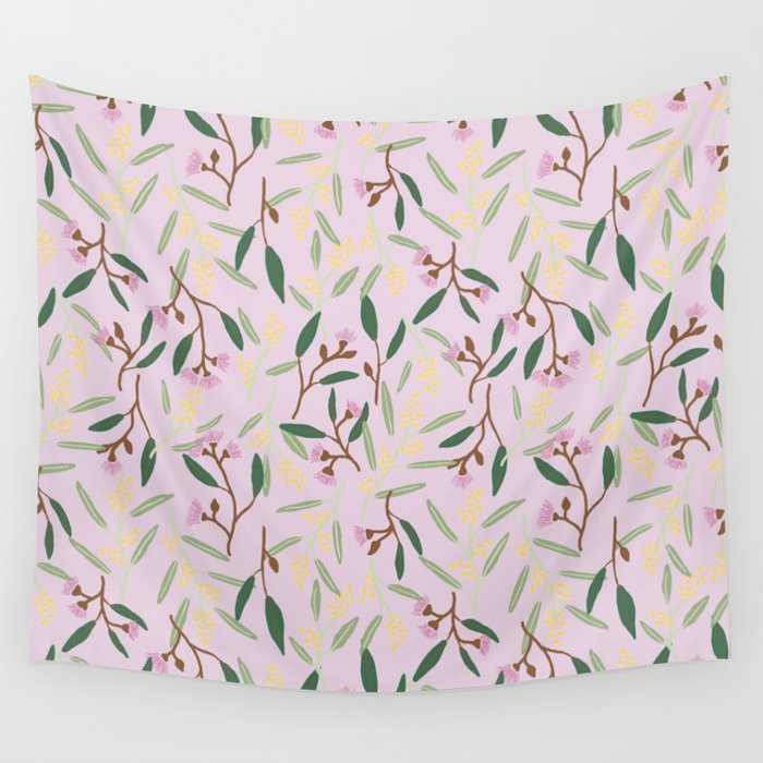 Australian wattle flowers, gum blossoms, eucalyptus leaves on blush pink Wall Tapestry