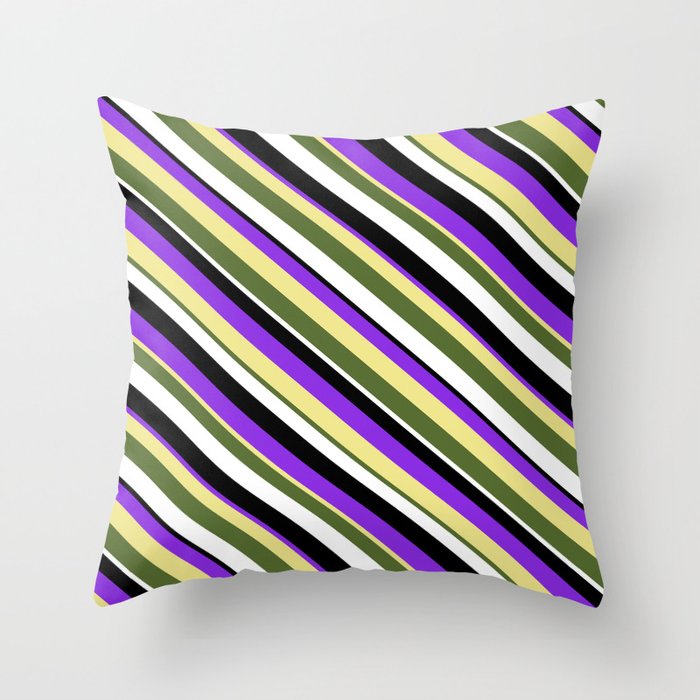 Vibrant Purple, Tan, Dark Olive Green, White & Black Colored Lined/Striped Pattern Throw Pillow