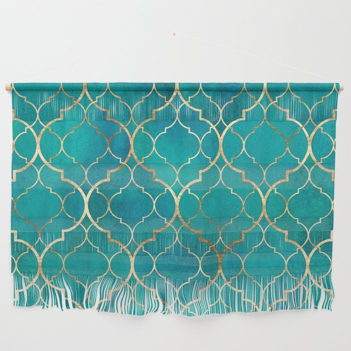 Teal Emerald Golden Moroccan Quatrefoil Pattern Wall Hanging