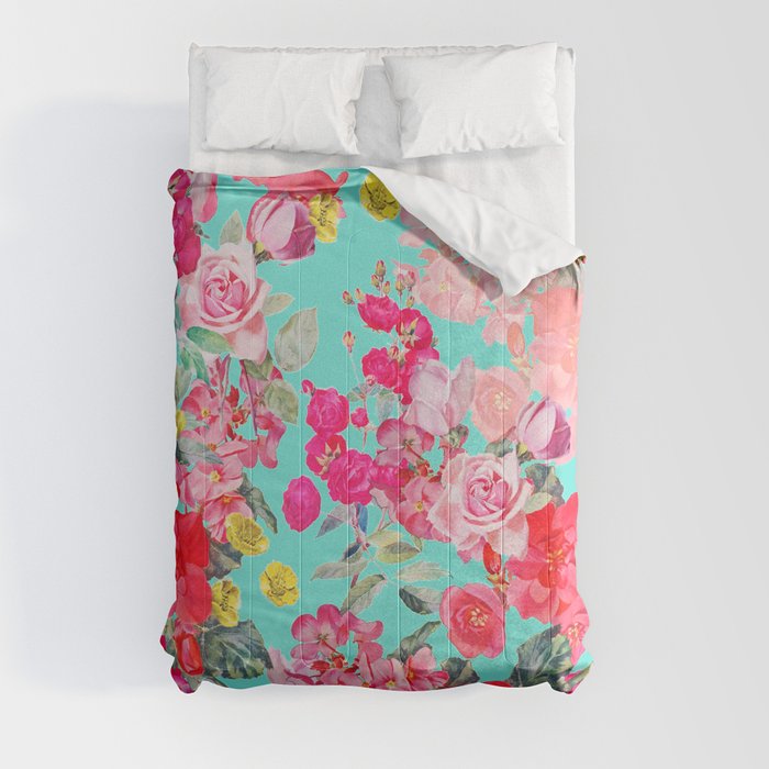 Bright Turquoise/Teal  Antique inspired Floral Print With Hot pink, baby Pink, Coral and Yellow Comforter