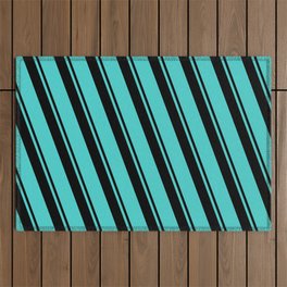 [ Thumbnail: Black & Turquoise Colored Lines/Stripes Pattern Outdoor Rug ]