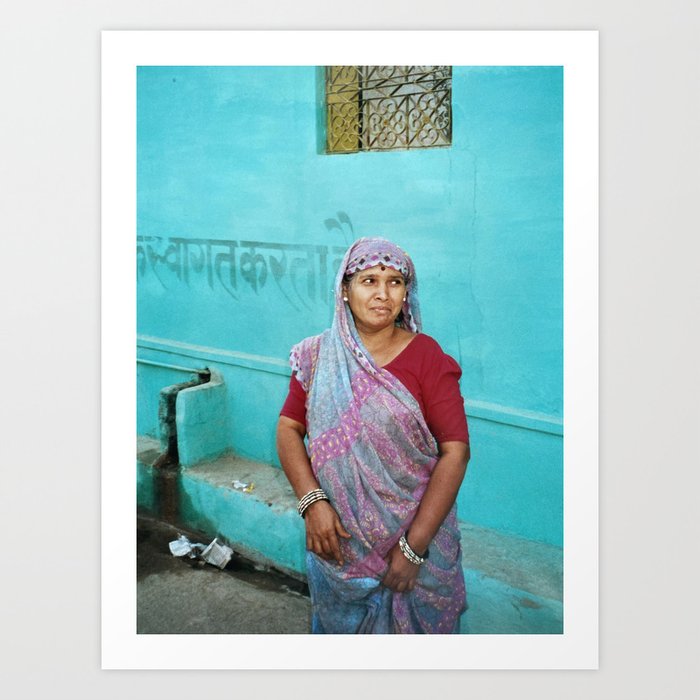 Indian woman in front of the blue Wall in City Palace Udaipur in Rajasthan, India | Travel Photography | Art Print Art Print