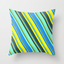 [ Thumbnail: Blue, Yellow, Dark Slate Gray, and Aquamarine Colored Lines Pattern Throw Pillow ]