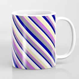 [ Thumbnail: Vibrant Gray, Dark Blue, White, Pale Goldenrod & Orchid Colored Striped/Lined Pattern Coffee Mug ]