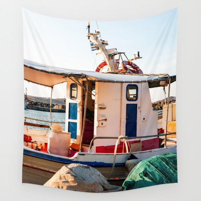 Greek Fishers Boat | Colorful Travel Photography in Greece, Europe   Wall Tapestry