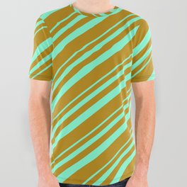 [ Thumbnail: Aquamarine & Dark Goldenrod Colored Lined/Striped Pattern All Over Graphic Tee ]