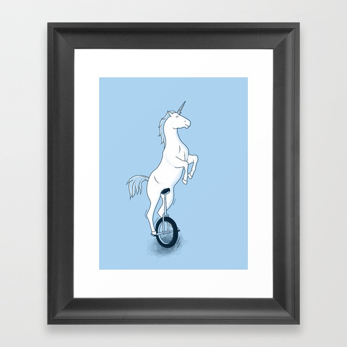 Unicorn on a unicycle - blue Framed Art Print
