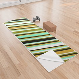 [ Thumbnail: Aquamarine, White, Green, Black, and Goldenrod Colored Pattern of Stripes Yoga Towel ]