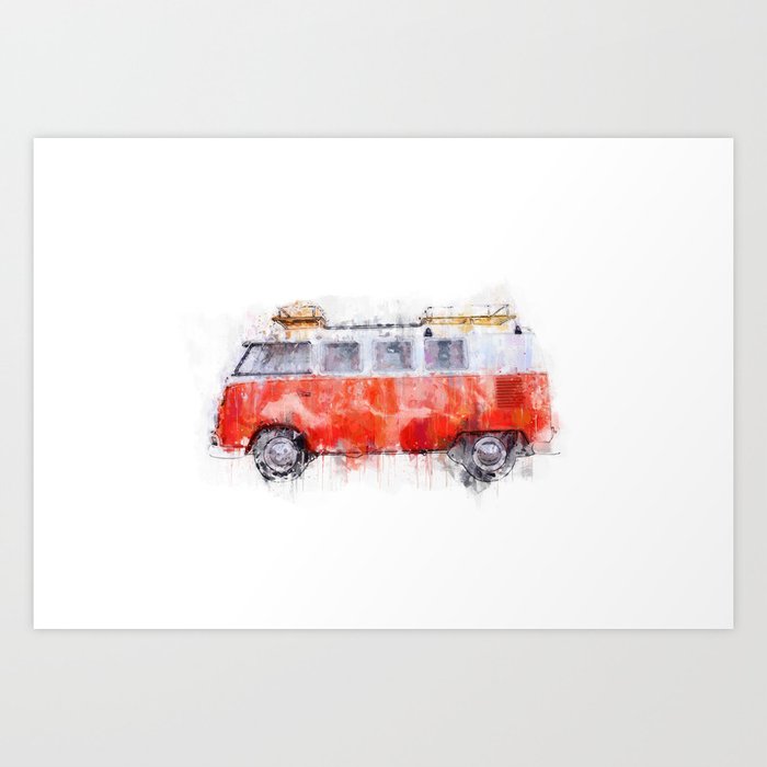 Camper Bus Retro Camping Van Painting Illustration Art Print