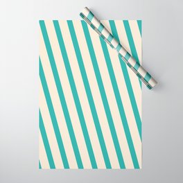 [ Thumbnail: Light Sea Green & Beige Colored Stripes/Lines Pattern Wrapping Paper ]