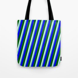 [ Thumbnail: Colorful Sky Blue, Mint Cream, Aquamarine, Blue & Dark Green Colored Striped/Lined Pattern Tote Bag ]