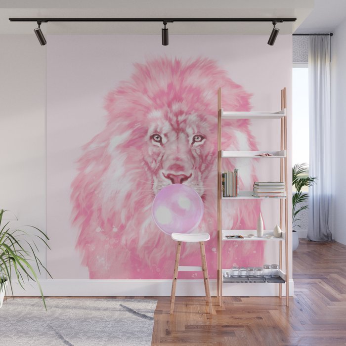 Lion Chewing Bubble Gum in Pink Wall Mural