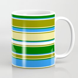 [ Thumbnail: Eyecatching Green, Tan, Dark Green, Blue, and White Colored Lines Pattern Coffee Mug ]
