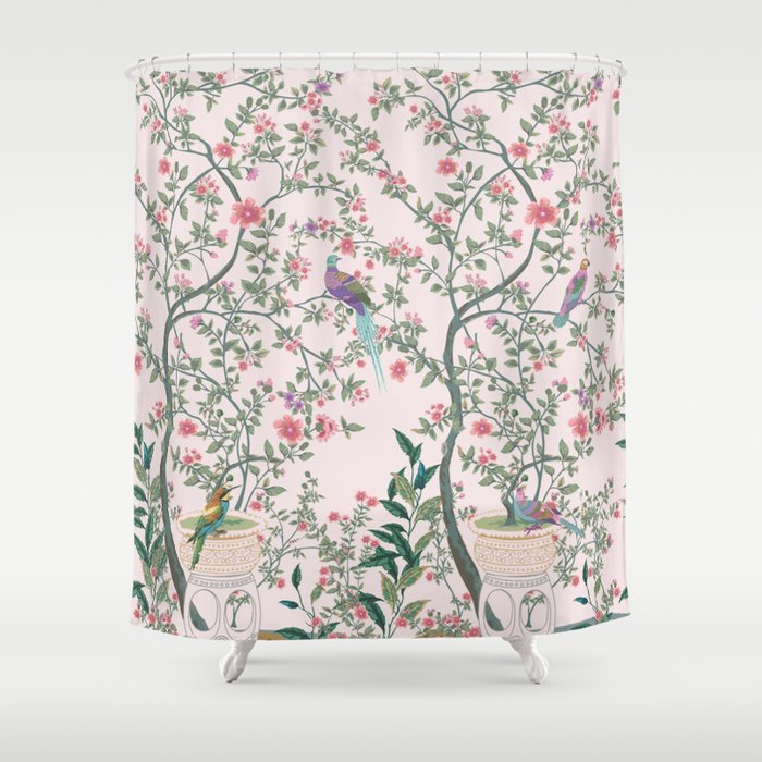 Chinoiserie Blush Pink Fresco Floral Garden Birds Oriental Botanical Shower Curtain