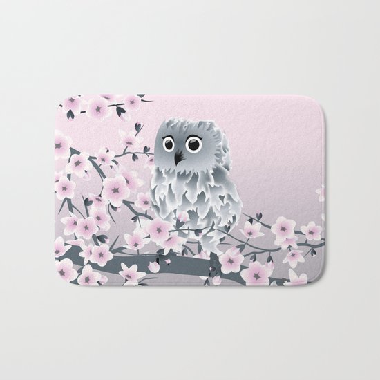 Cute Owl and Cherry Blossoms Pink Gray Bath Mat
