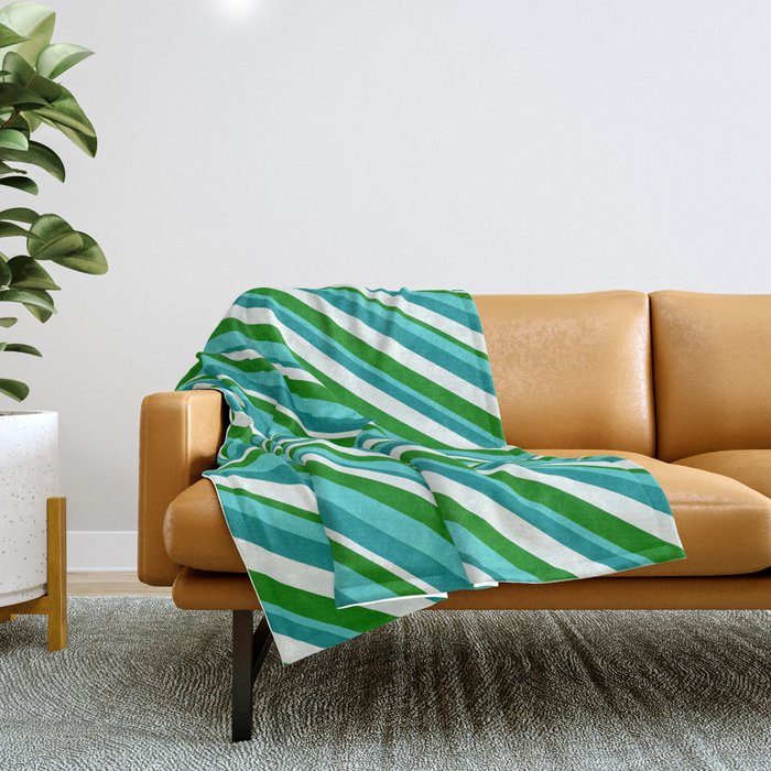 Turquoise, Dark Cyan, Mint Cream, and Green Colored Lined Pattern Throw Blanket