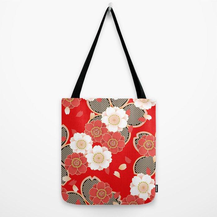 Japanese Vintage Red Black White Floral Kimono Pattern Tote Bag by Vicky  Brago-Mitchell®