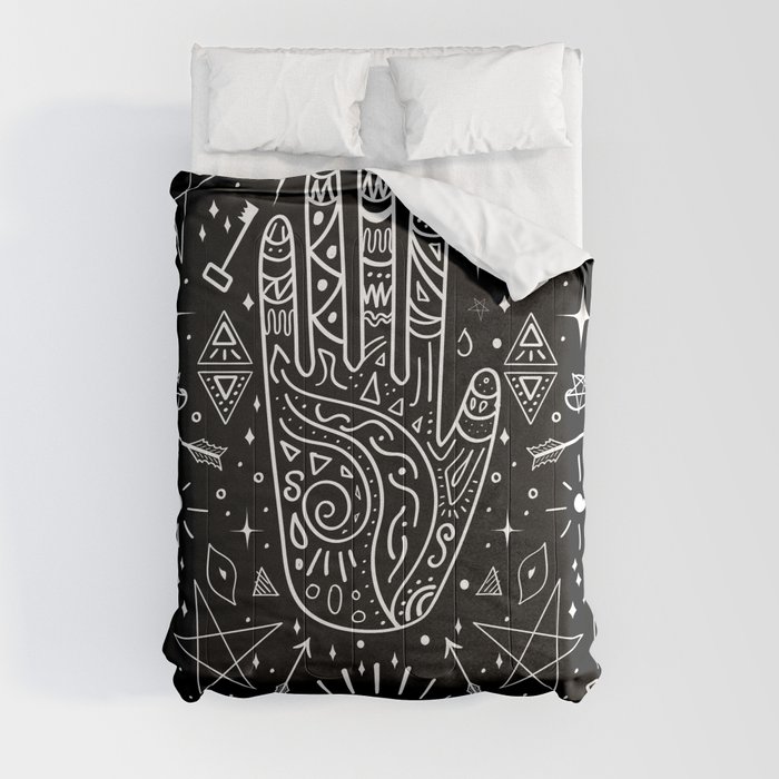 Black background occult pattern with mystical chalk signs Comforter