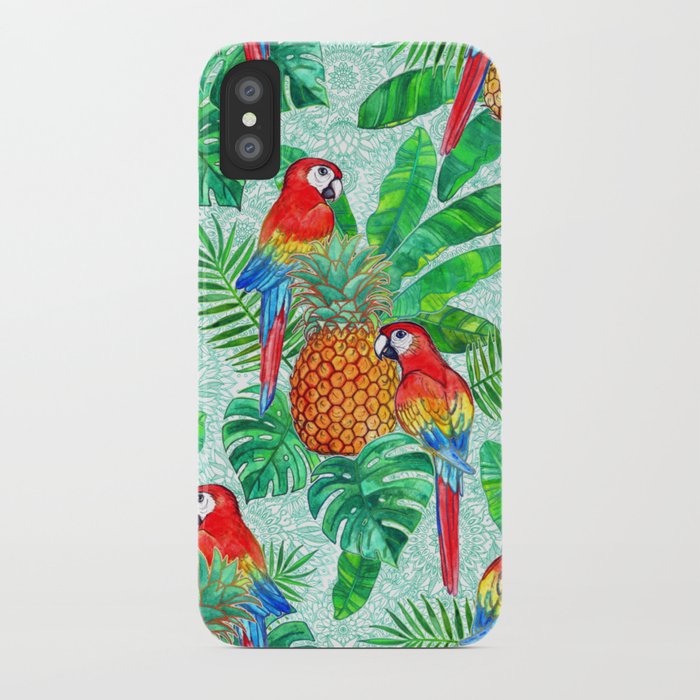Pineapples and Parrots Tropical Summer Pattern iPhone Case