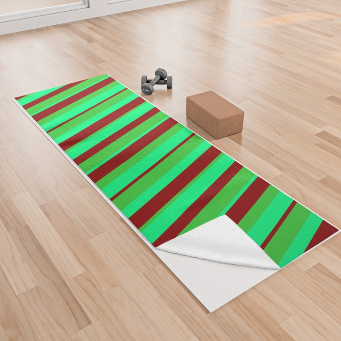 Green, Lime Green & Dark Red Colored Stripes/Lines Pattern Yoga Towel