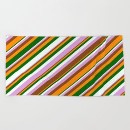 [ Thumbnail: Eyecatching Plum, Brown, Dark Orange, Dark Green & Mint Cream Colored Lined/Striped Pattern Beach Towel ]
