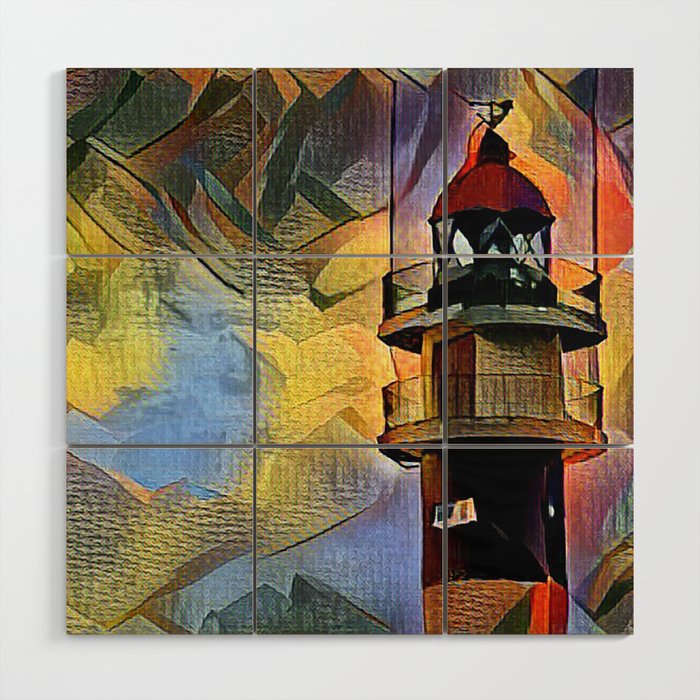 A lighthouse in view of a cloudy sky - Modern artistic colorfulillustration design Wood Wall Art