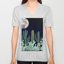 Desert Full Moon Night Cactus Garden V Neck T Shirt