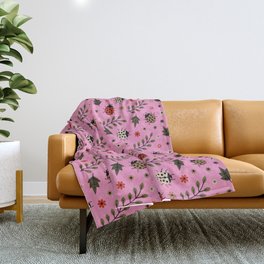 Ladybug and Floral Seamless Pattern on Pink Background Throw Blanket