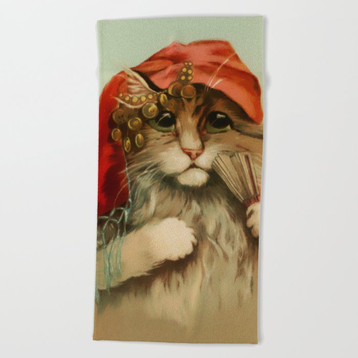 “Gypsy Cat with Fan and Scarf” by Maurice Boulanger Beach Towel