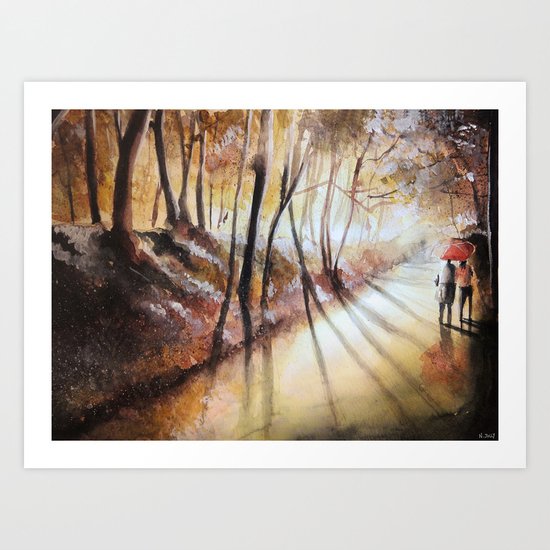 Break in the clouds - watercolor Art Print