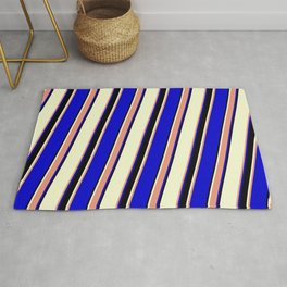 [ Thumbnail: Light Yellow, Dark Salmon, Blue, and Black Colored Striped/Lined Pattern Rug ]