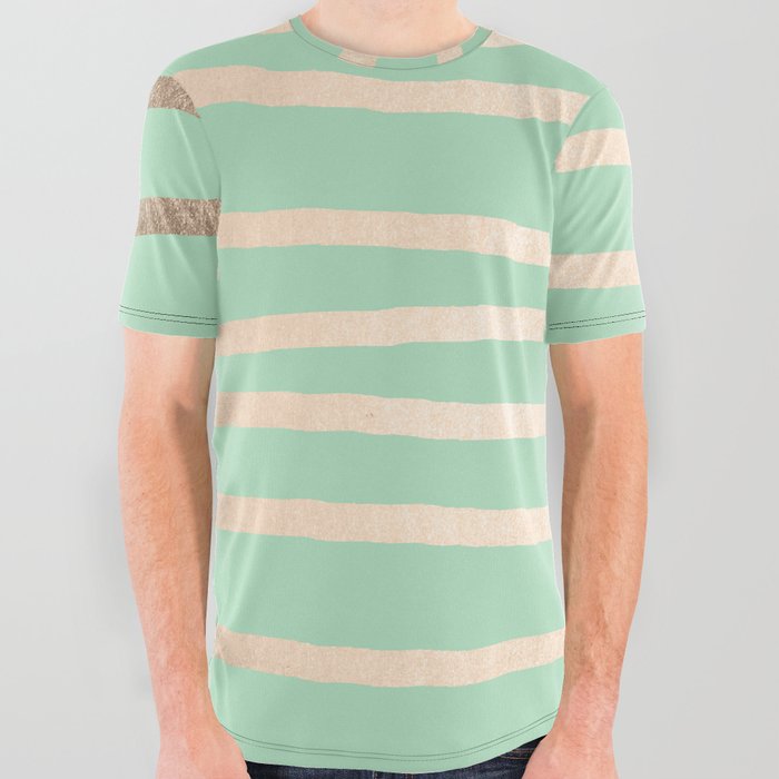 Stripes Metallic Gold Mint Green All Over Graphic Tee