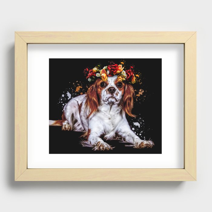 cavalier king Charles spaniel with flower Recessed Framed Print