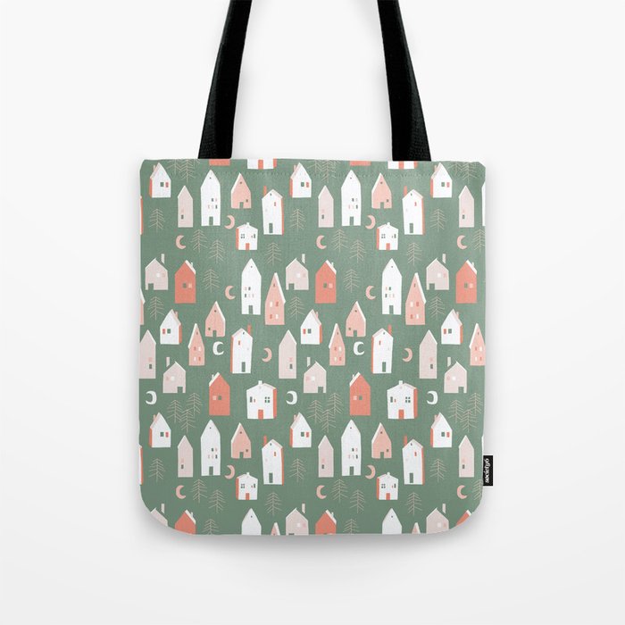 Festive Houses on green ground Tote Bag
