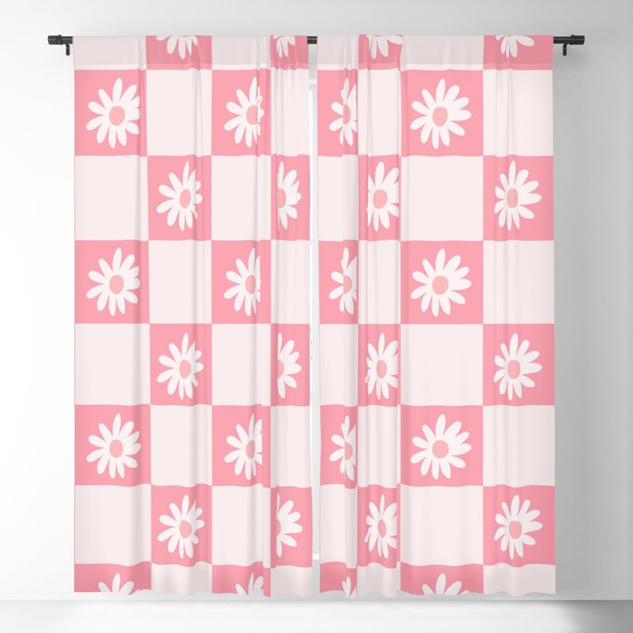 Groovy Pink Floral Checkered Pattern  Blackout Curtain