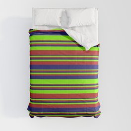 [ Thumbnail: Chartreuse, Red, and Midnight Blue Colored Striped Pattern Comforter ]
