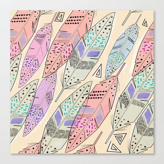 The feathers are multicolored on a beige background . Canvas Print