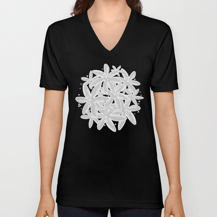 White flowers and dots pattern on black background V Neck T Shirt